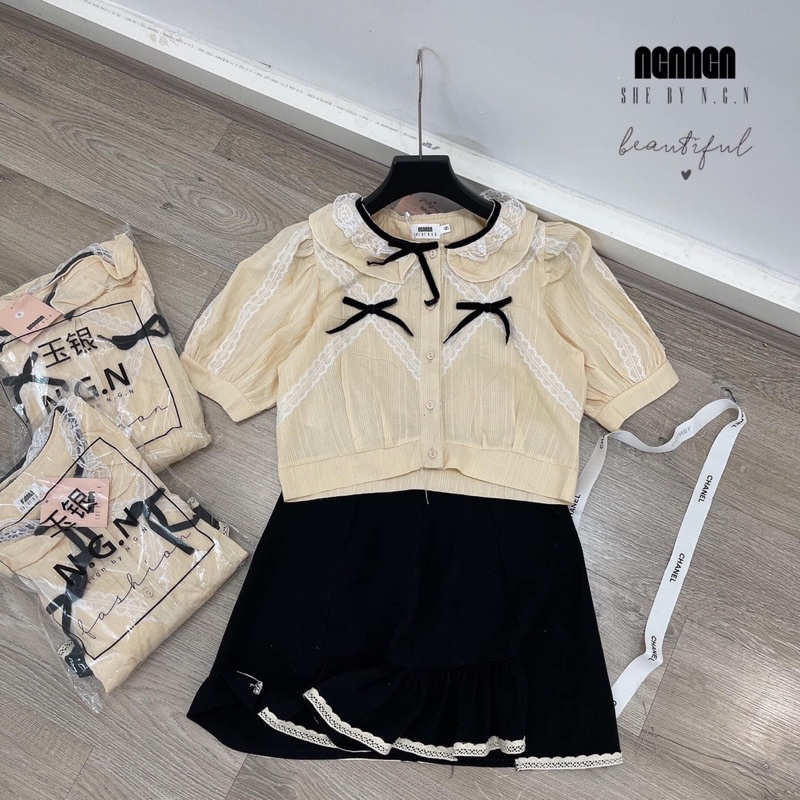 Set áo sơ mi phối chân váy ren bèo