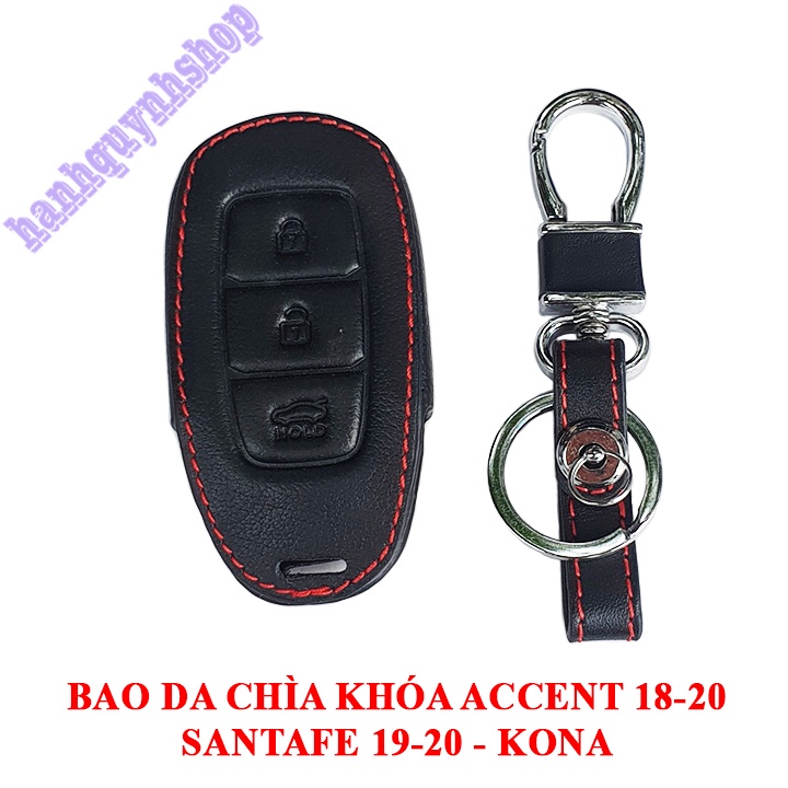Bao da chìa khóa Hyundai Accent 2018-2020, Santafe 2019-2020, KONA màu đen chỉ đỏ tặng kèm móc