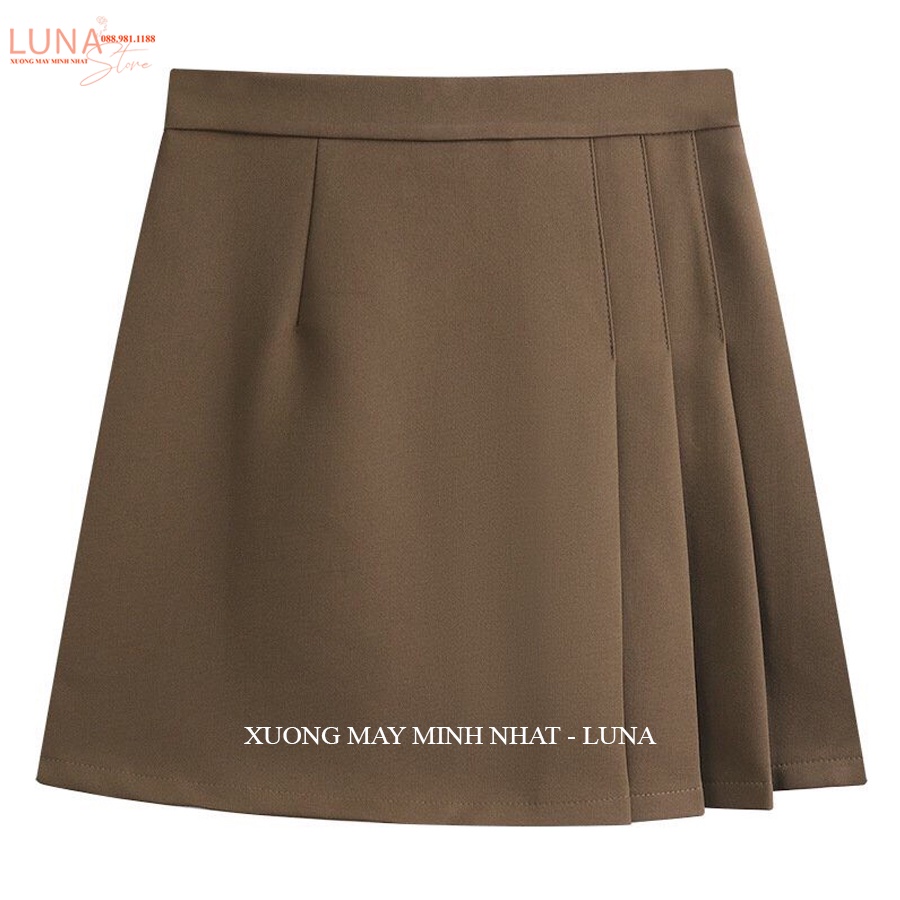 Chân váy chữ A ngắn xếp ly lưng cao có quần lót trong khóa sau - Chân váy ngắn xếp ly dáng chữ A công sở cạp cao vải mềm