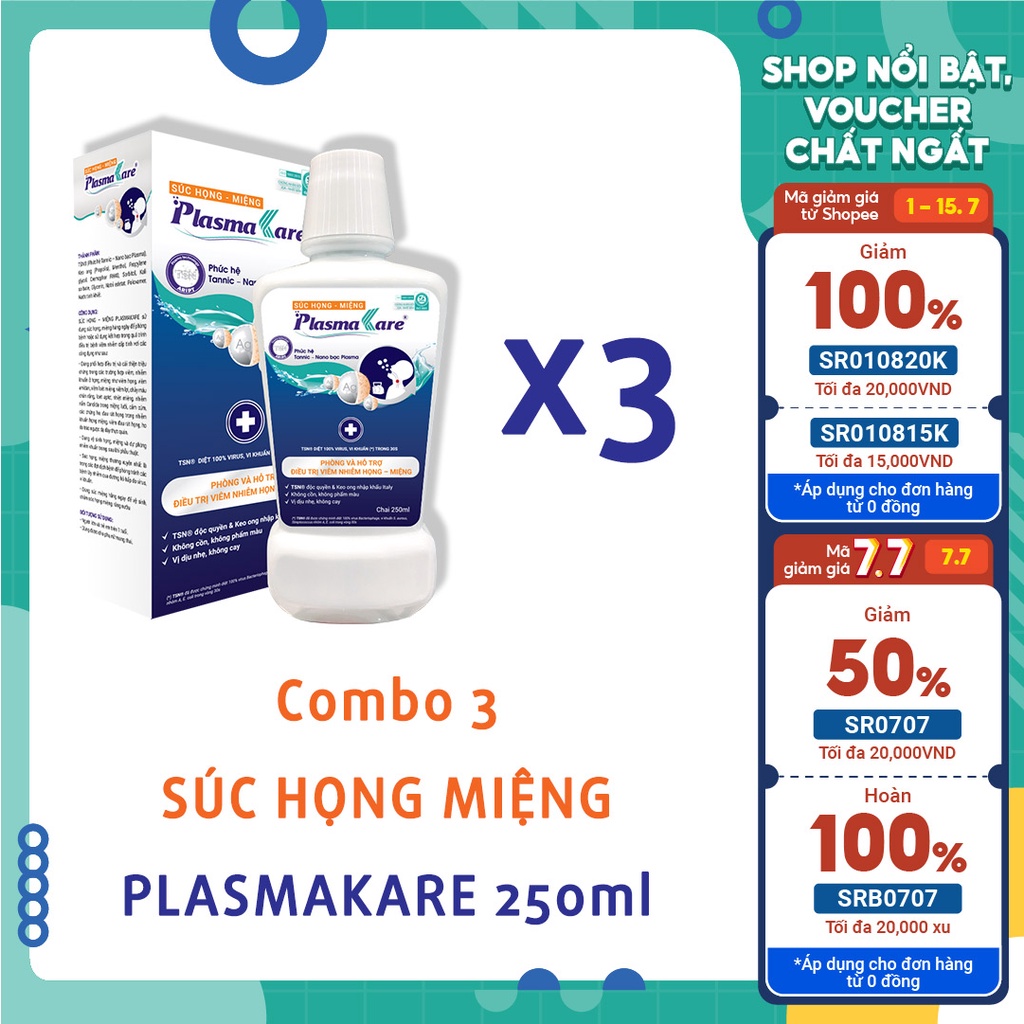 Combo 3 nước súc họng nano bạc PlasmaKare giảm rát họng, dịu ho, long đờm, diệt khuẩn và virus