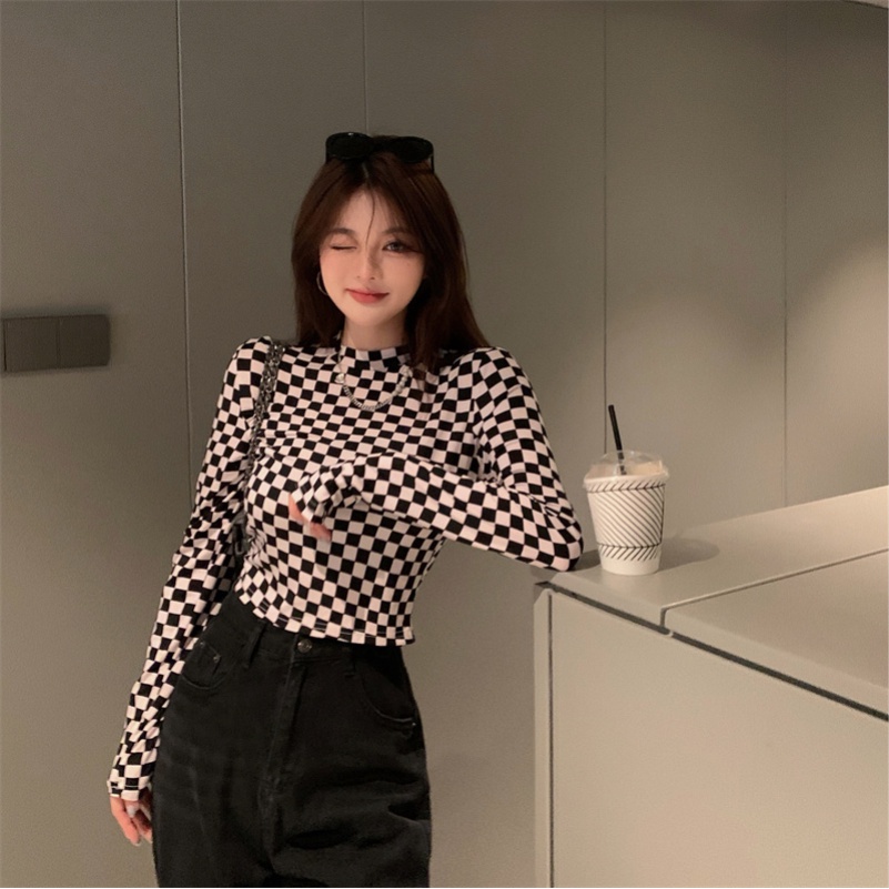 Áo thun tay dài cổ tròn họa tiết sọc caro form ôm hợp thời trang