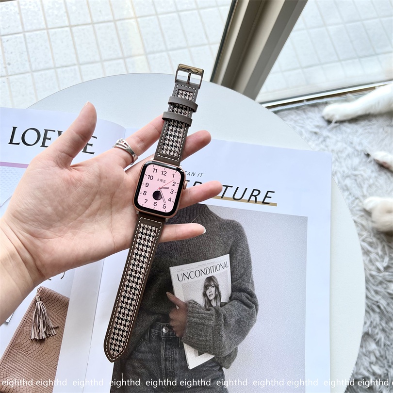 Dây Đeo Vải Canvas Phối Da Họa Tiết Kẻ Sọc Cho Đồng Hồ Thông Minh Smart Watches Series 7 6 SE 5 4 3 2 1 41mm 45mm 44mm 42mm 40mm 38mm