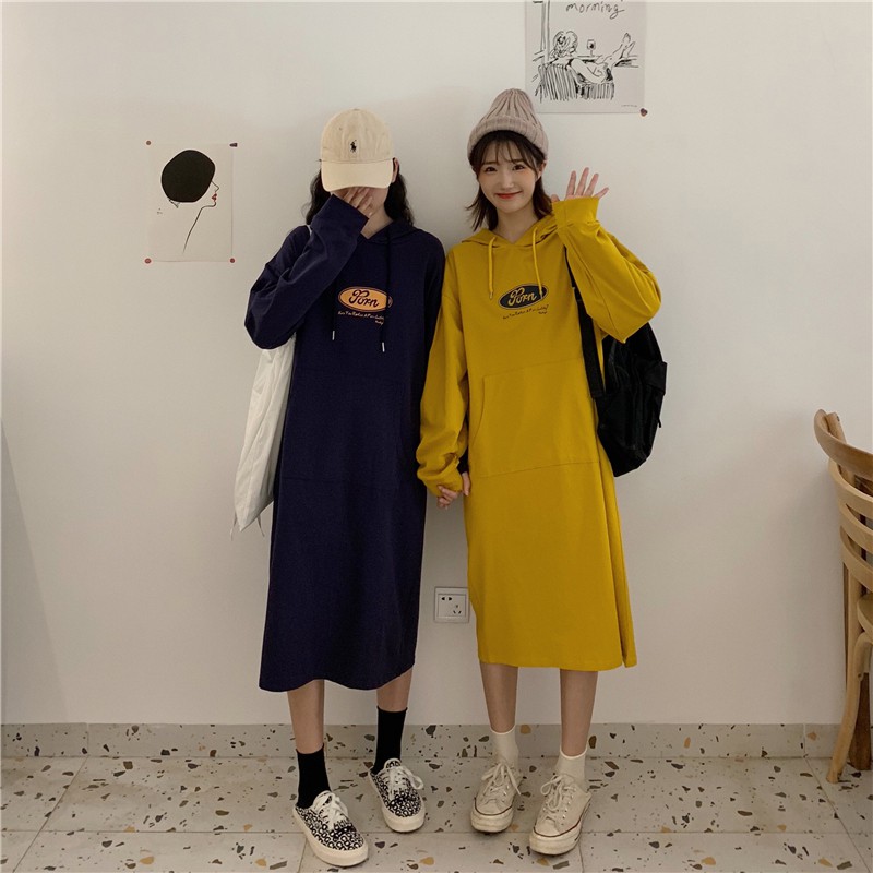 SUXI Đầm hoodie in hình dáng rộng thời trang Hàn Quốc
