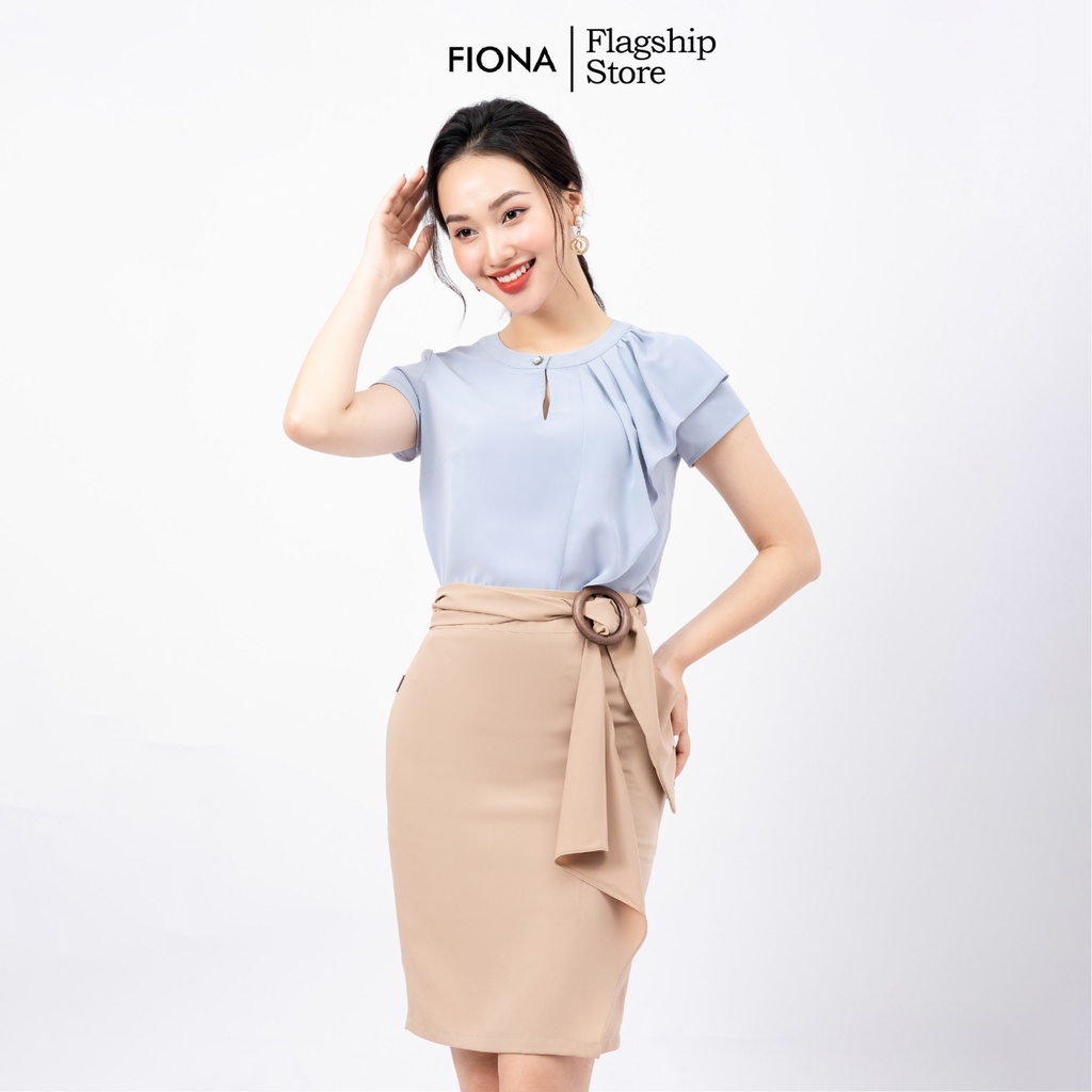 Chân váy dáng A FIONA dài tà bong chân váy công sở dài ngang gối cạp thắt đai trang trí màu be F251161