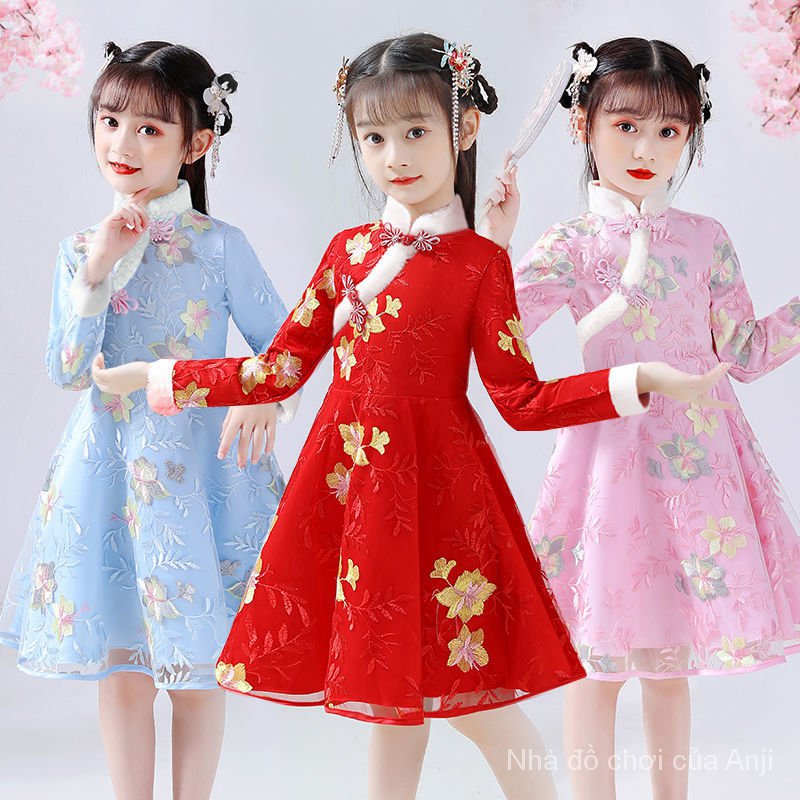 New Girl Autumn And Winter Dress Hanfu Cheongsam Dress Children Baby Velvet