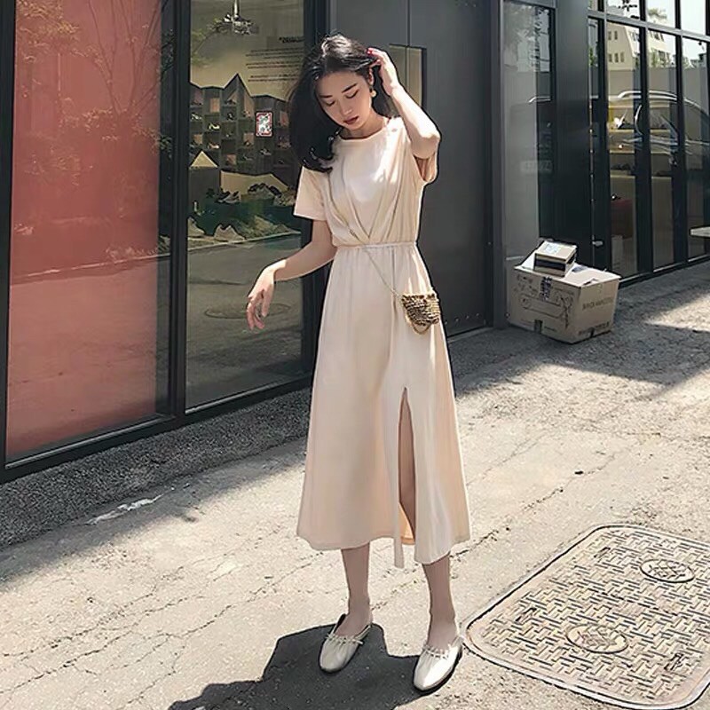 Váy cotton nhúm bụng xẻ 3 màu | BigBuy360 - bigbuy360.vn