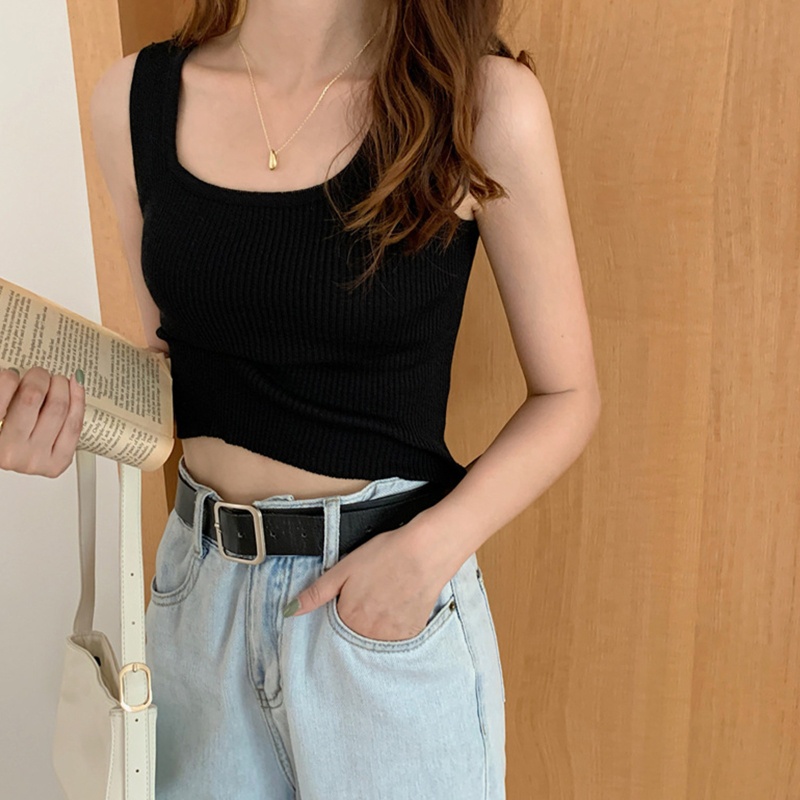 Áo Croptop Dệt Kim Hai Dây Cổ Vuông Màu Sắc Đơn Giản Thời Trang Mùa Hè Cho Nữ