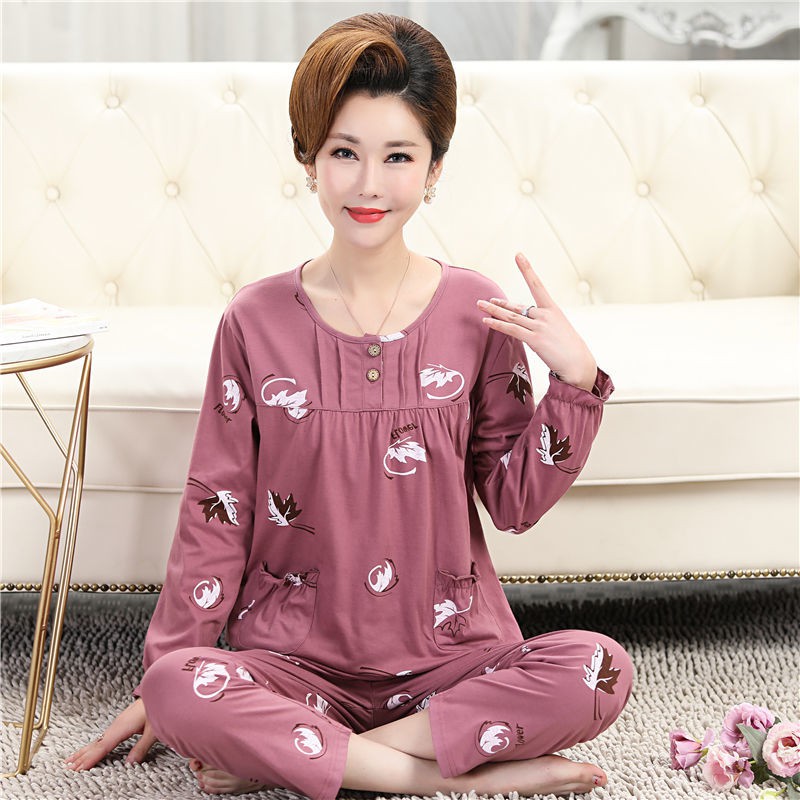 Đồ ngủ & Đồ mặc nhà✙Bộ đồ ngủ mẹ nữ cotton xuân thu trung niên và người già phục vụ tại nhà dài tay plus size