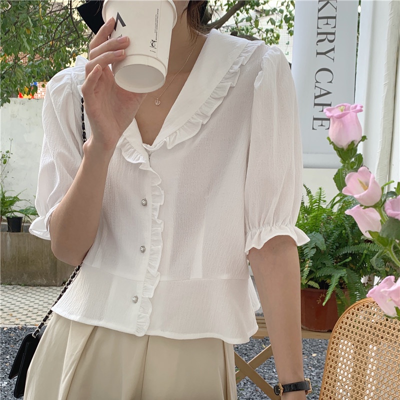 SUXI Áo Sơ Mi Tay Ngắn Cổ Chữ V Màu Sắc Đơn Giản Phong Cách Hàn Quốc Cho Nữ