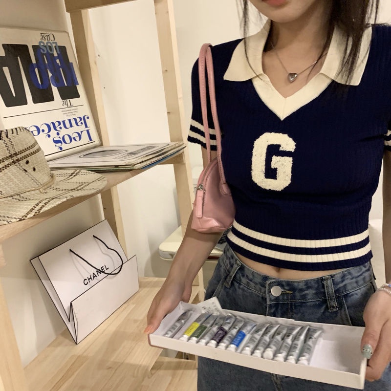 Áo Thun Dệt Kim Cổ POLO Tay Ngắn Dáng Ôm Thời Trang Mùa Hè Hàng Mới Phong Cách Preppy 2022 Dành Cho Bạn Nữ
