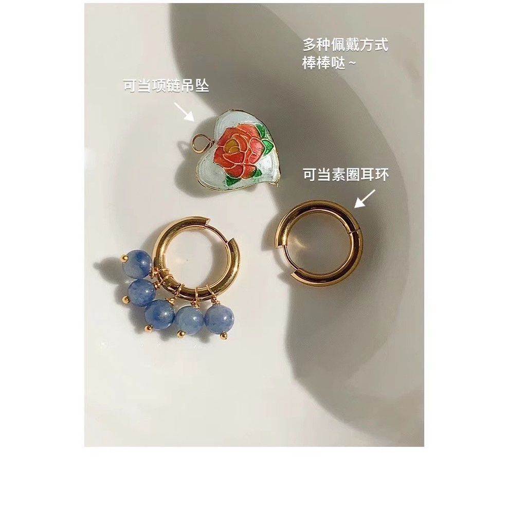 Khuyên Tai Hình Trái Tim Đính Hạt Thủy Tinh Cloisonne Kiểu Vintage Pháp
