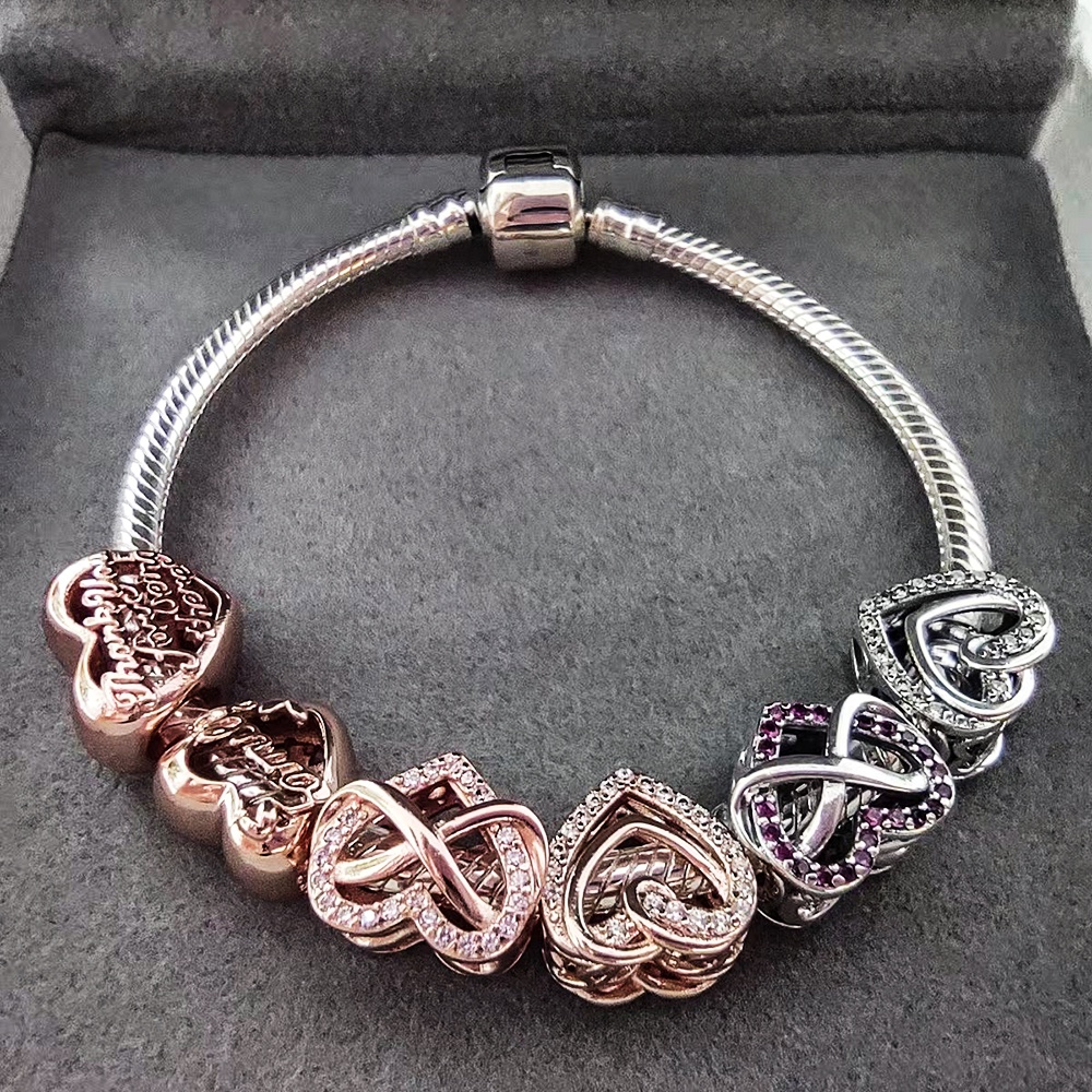 Dây Chuyền Mạ Bạc / Vàng Hồng Đính Hạt Charm Gia Đình Pandora Lấp Lánh