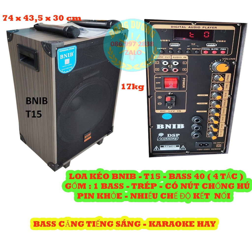 LOA KÉO DI ĐỘNG 40 ( 4 TẤC ) BNIB T15 VỎ GỖ - KÈM 2 TAY MÍC - HÀNG CHẤT GIÁ RẺ