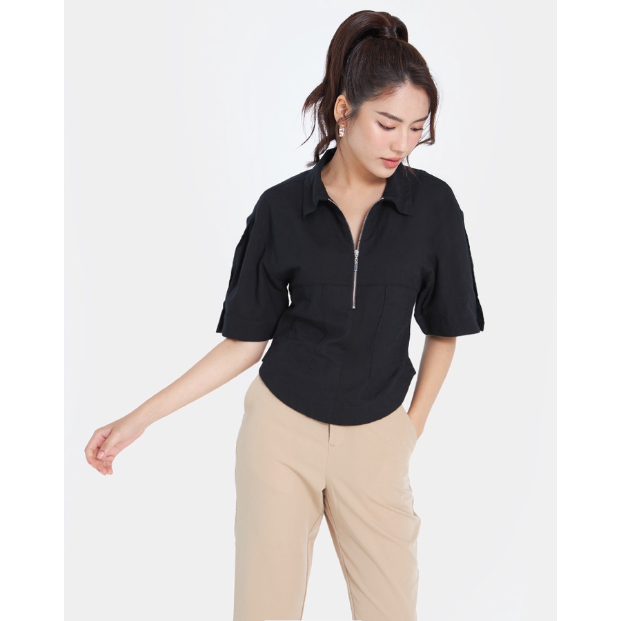 Áo Kiểu Nữ Thời Trang JUNO Cổ Sơ Mi Vạt Bầu Dây Kéo Kim Loại JNAKI006