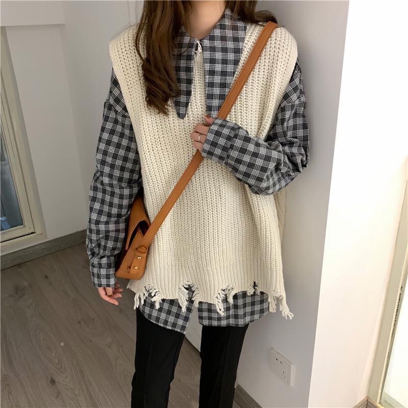 Set Áo Sơ Mi Kẻ Caro + Gile Len Caro M3 Thời Trang Hàn Quốc 2021