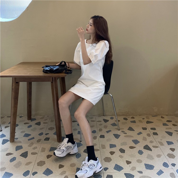 Xiaozhainv Đầm nữ tay lửng màu trắng trơn cho nữ | BigBuy360 - bigbuy360.vn