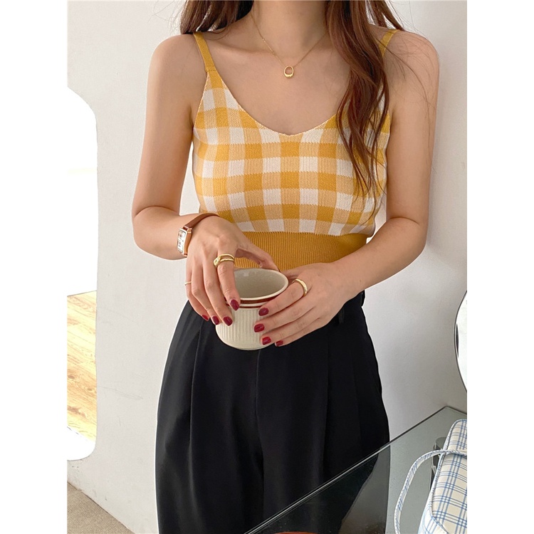 Áo hai dây len croptop caro dành cho nữ mùa hè A2S14