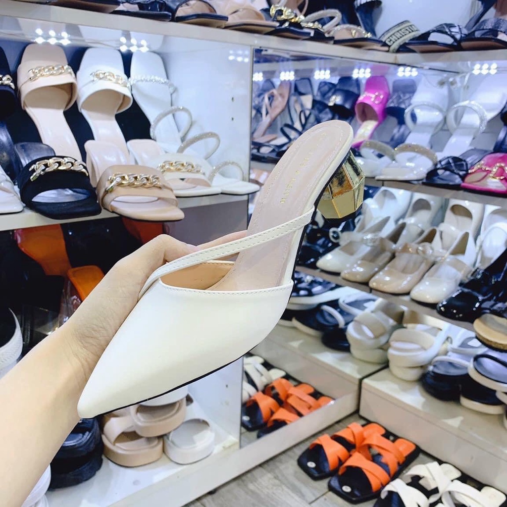 Sục nữ mũi nhọn sục thời trang quai chéo da trơn lì gót cách điệu sang chảnh
