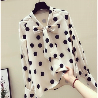 Áo sơ mi chiffon chấm bi dài tay cổ thắt nơ thời trang cho nữ