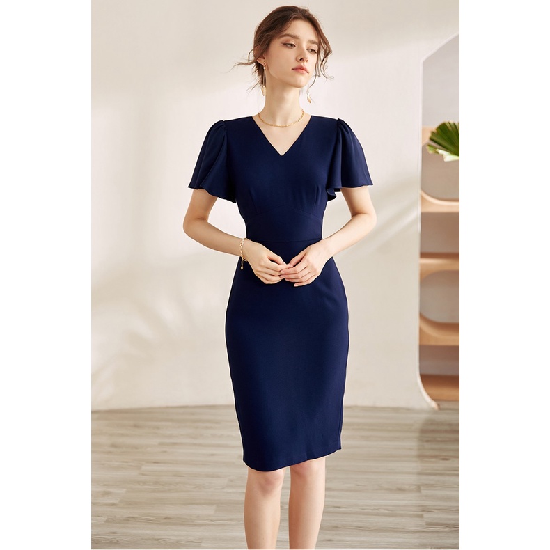 Đầm cổ tim tay ngắn loe bèo dáng bút chì trơn xanh đen