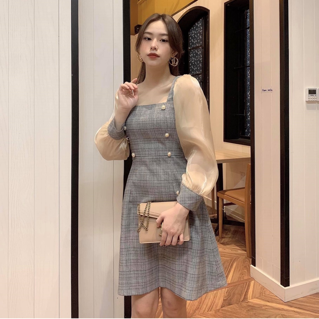 VÁY KẺ TIÊU THƯ CỔ VUÔNG TAY PHỐI TƠ SIÊU XINH