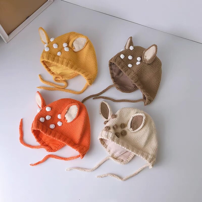 Mũ len hươu cho bé có dây buộc cực xinh 10-36 tháng