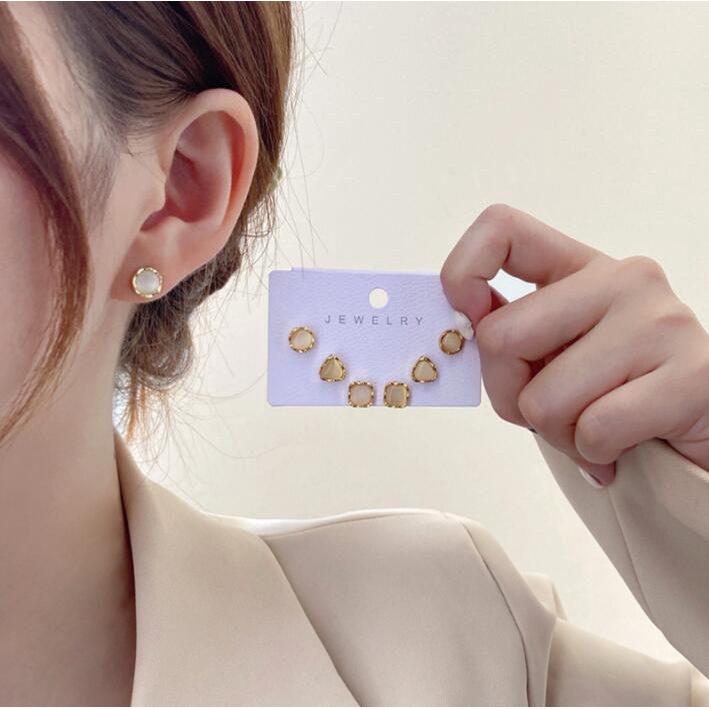 Set 6 khuyên tai bạc S925 đính đá Opal kiểu dáng hình học thời trang cổ điển cho nữ