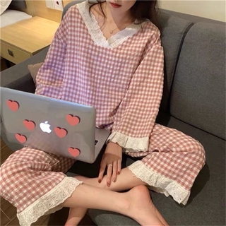 Bộ Đồ Ngủ 2 Món Tay Dài Phối Ren Kẻ Sọc Kiểu Nhật Bản Xinh Xắn Cho Nữ