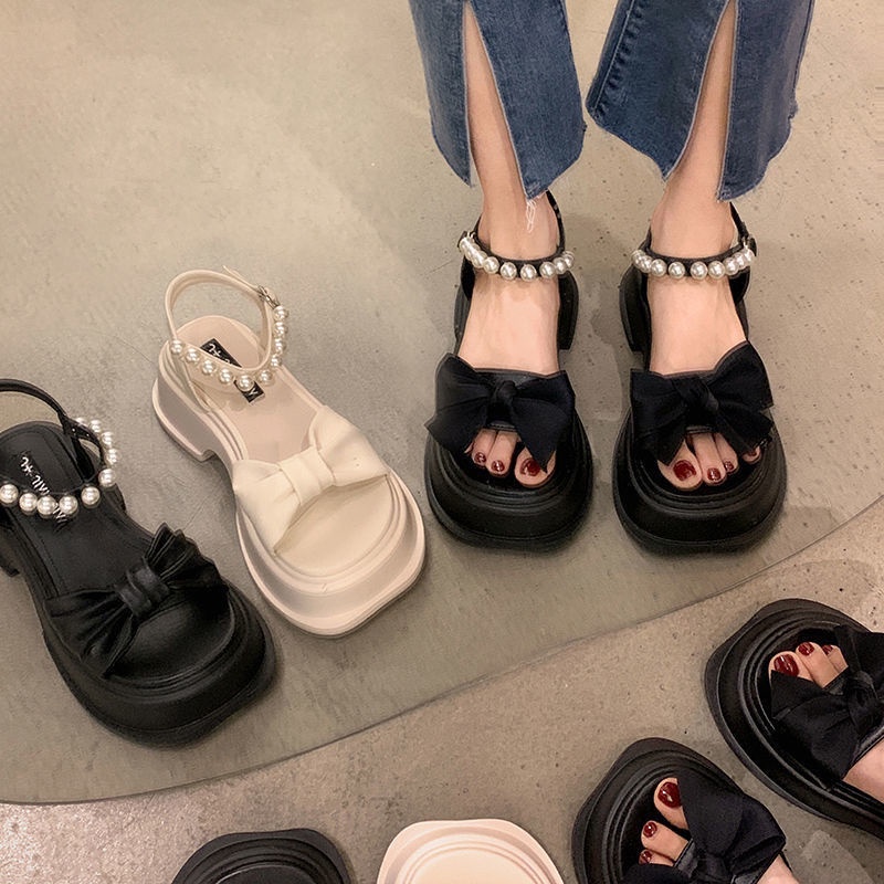 Giày Sandal Đế Dày Chống Trượt Đính Nơ Và Ngọc Trai Thời Trang Mùa Hè Cho Nữ