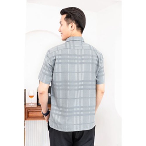 Áo Sơ Mi Nam Công Sở Trung Niên Thương Hiệu Anton Ghi Xám Kẻ Sọc Ngang Ngắn Tay – XNT202