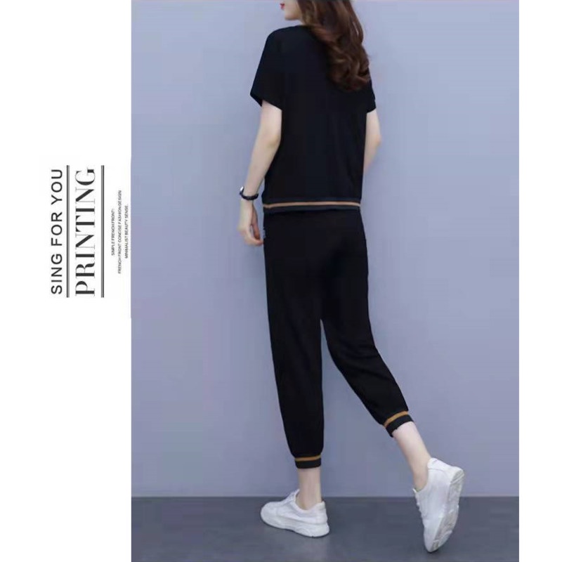 Bộ Áo Thun Ngắn Tay + Quần Dài Dáng Rộng Thời Trang Mùa Hè Hàn Quốc Cho Nữ