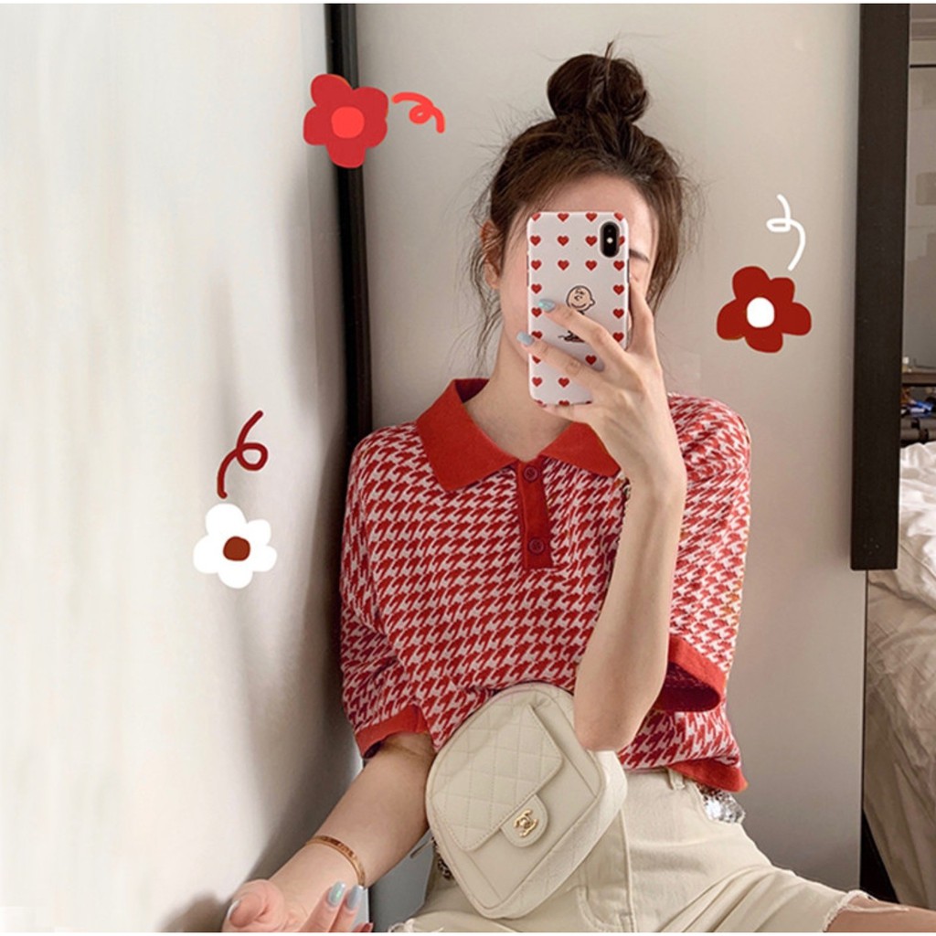 [CÓ SẴN] Áo kiểu len tay ngắn họa tiết caro lẻ ô cổ bẻ A117