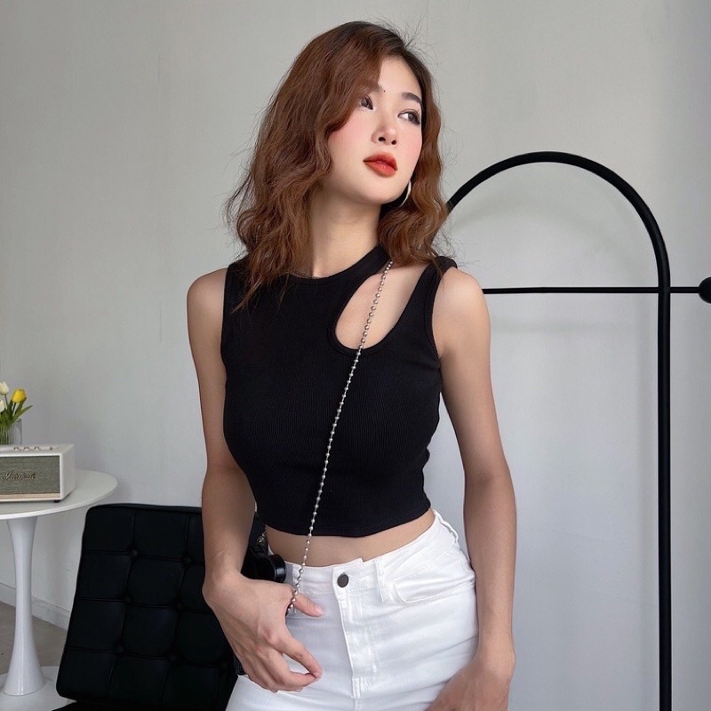 Áo croptop nữ sát nách trơn khoét vai áo thun cotton hở vai