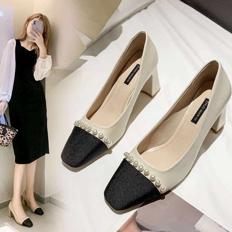 Giày cao gót IELGY mũi vuông đính ngọc trai màu sắc thời trang dành cho nữ