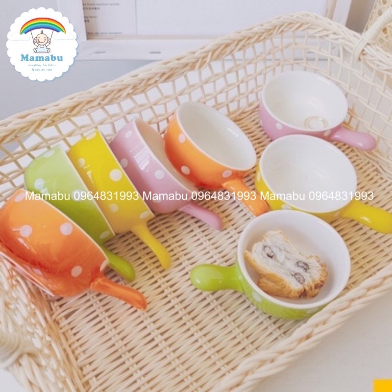 Bát Sứ Ăn Dặm Cho Bé Hình Gáo Hoạ Tiết Chấm Bi Dễ Thương Chất Liệu Gốm Sứ Cao Cấp Chịu Nhiệt Dung Tích 100ml Mamabu