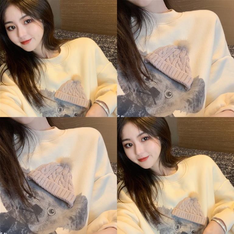 [CÓ BIGSIZE] [HD73] Áo Sweater Gấu Đội Mũ Len Form Rộng Tay Phồng Hàn Quốc - Liti shop  ྇