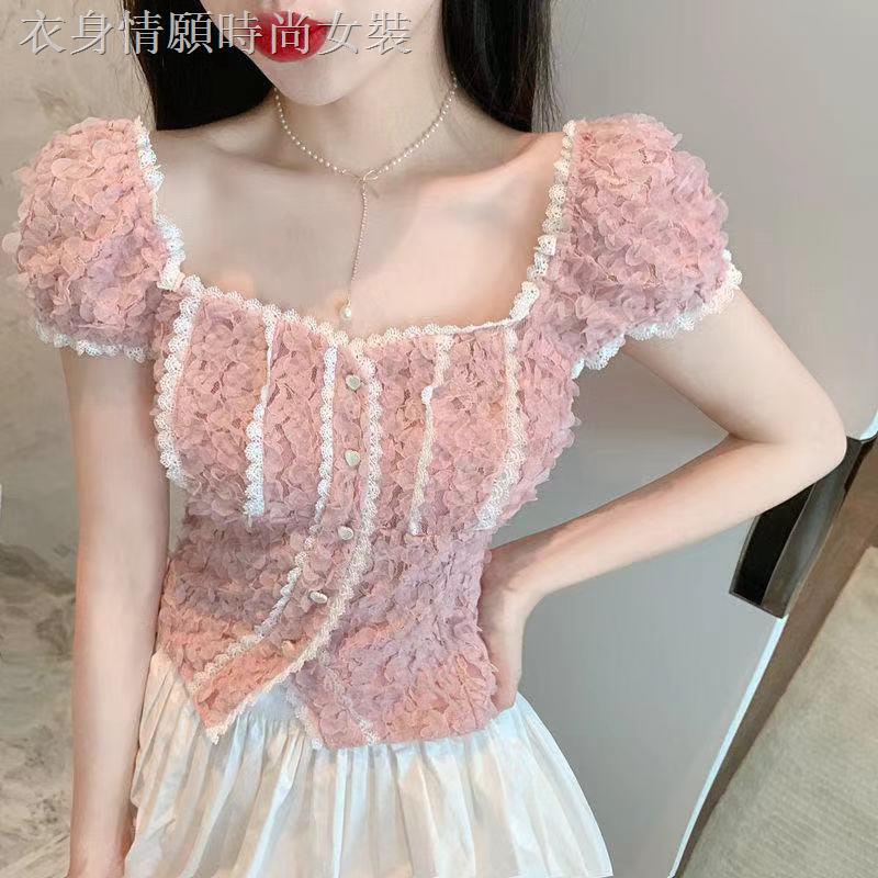 ๑❁Áo thun nữ tay ngắn phồng cổ vuông phối ren màu sắc thời trang