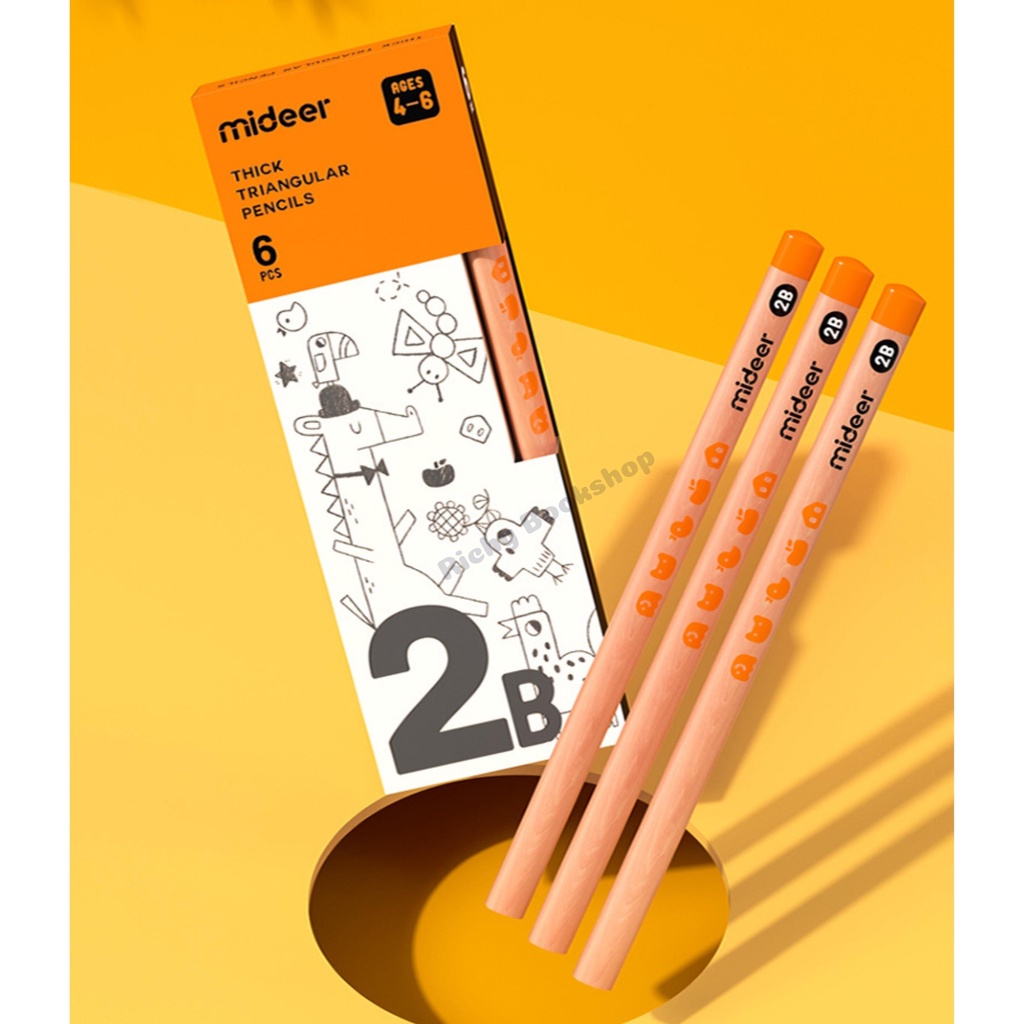 Bộ 6 Chiếc Bút Chì Cao Cấp Mideer 2B 4B 6B - Mideer Thick Triangular Pencils, Tặng kèm Gọt Bút Chì
