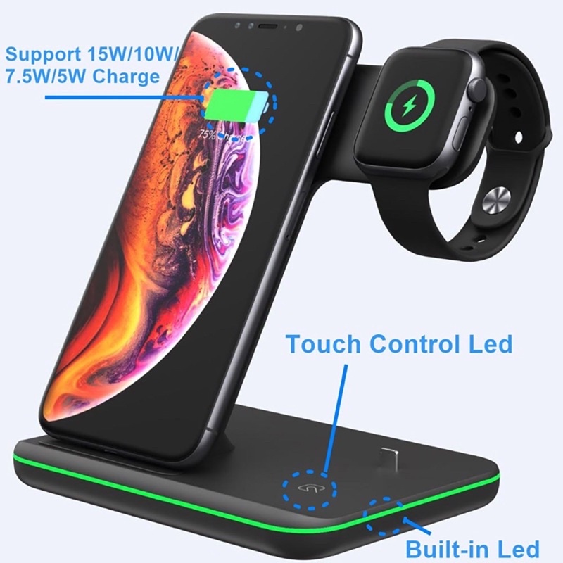 Đế sạc không dây 15W Qi hỗ trợ sạc nhanh cho iPhone Samsung S10 S9 Apple Watch Airpods