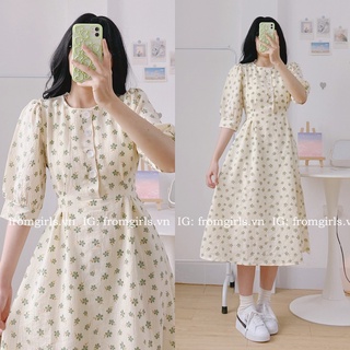 Váy hoa nhí vintage, đầm hoa nhí dáng dài tay phồng có dây buộc eo - V55