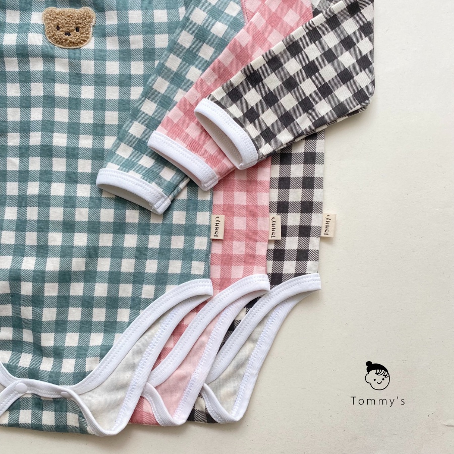 Set body chip tay dài kèm mũ tai gấu cho bé trai bé gái 0-2 tuổi hoạ tiết caro gấu thêu TOMMY HOUSE