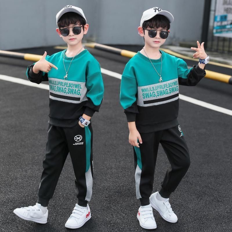 ☞〖 Bộ sưu tập MT_6665 quần áo trẻ em 〗 Bộ đồ thể thao của cậu bé ~ thời trang, đẹp trai, giản dị in chữ cái, màu sắc của áo bảo hộ dài tay trẻ em + quần dài hai bộ