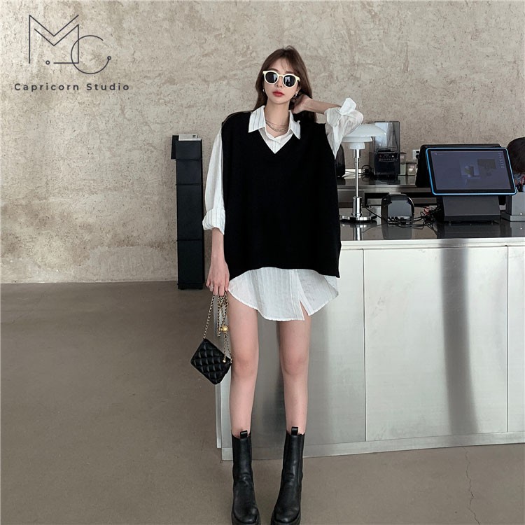 Áo sơ mi trắng sọc chìm phối gile phong cách Ulzzang Hàn Quốc