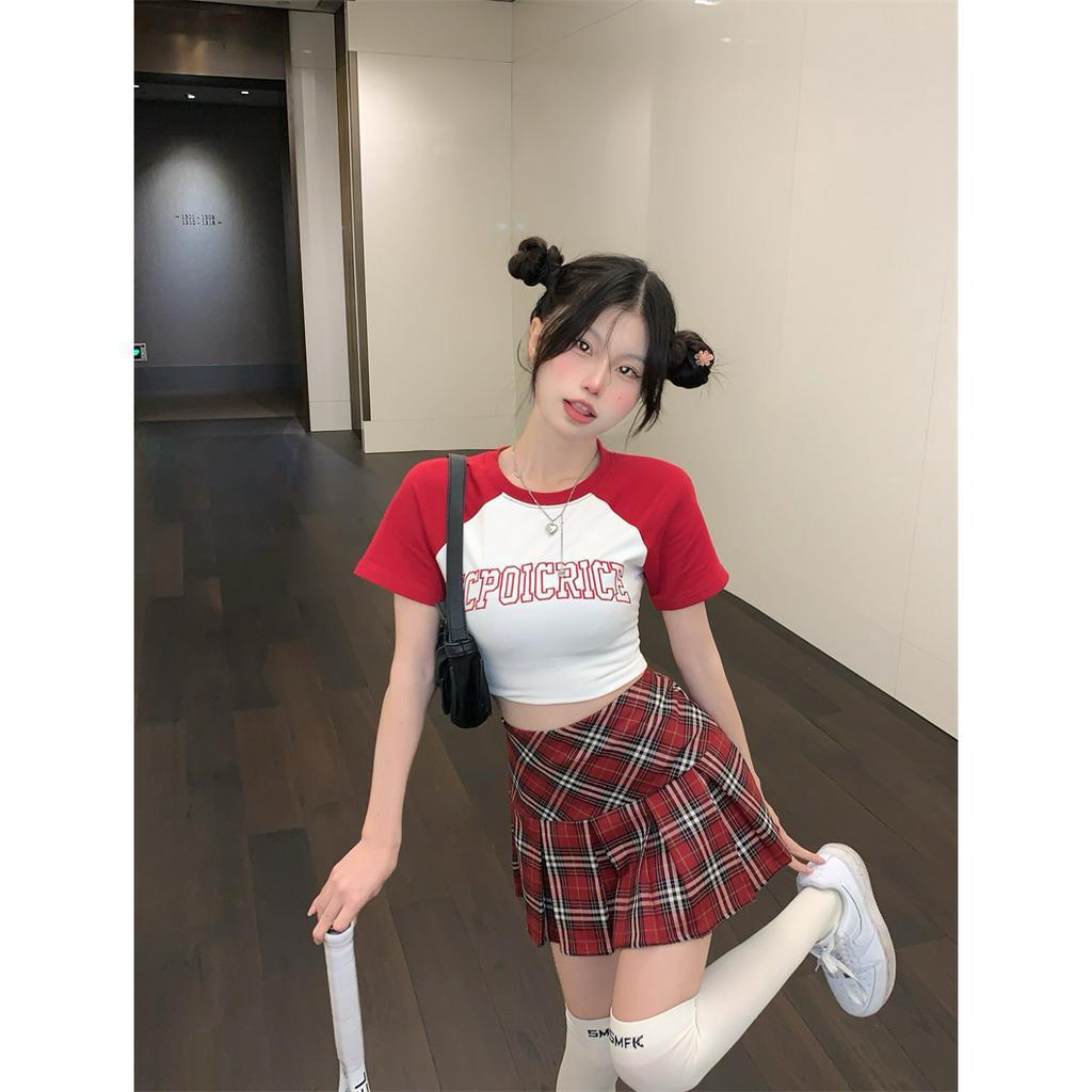 Cocory vn Set Áo Thun Hở Rốn / Chân Váy Xếp Ly Lưng Cao Thời Trang Mùa Hè Cho Nữ