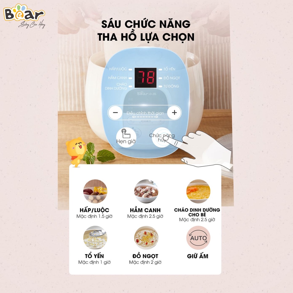 Nồi Nấu Chậm, Nồi Ủ Cháo Bear SUBE001 800ML - Hàng Chính Hãng Bảo Hành 12 Tháng