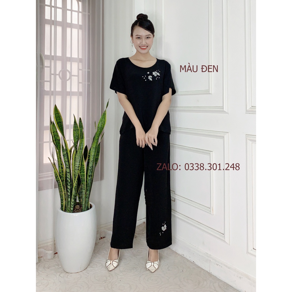 Bộ Đũi thêu hoa Trung niên cho bà cho mẹ Tay cộc Quần dài