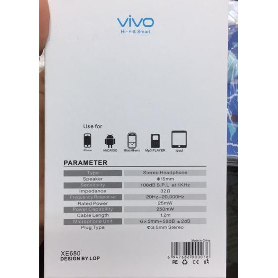 Tai Nghe Nhét Tai Vivo Xe680 Chính Hãng 100% / Vivo / V11 / V5 / V7 / V9 / Y83 / Y7