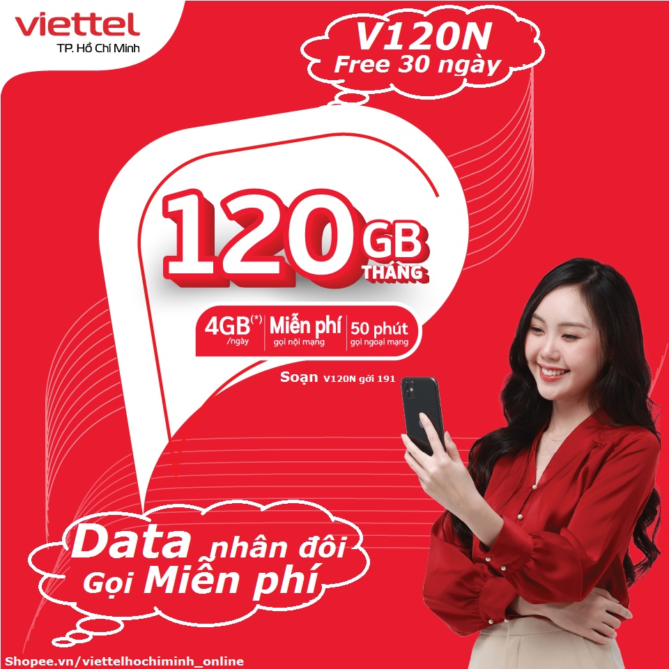Sim 4G Viettel trọn gói 30 ngày V120N 4GB/Ngày và miễn phí gọi nội mạng