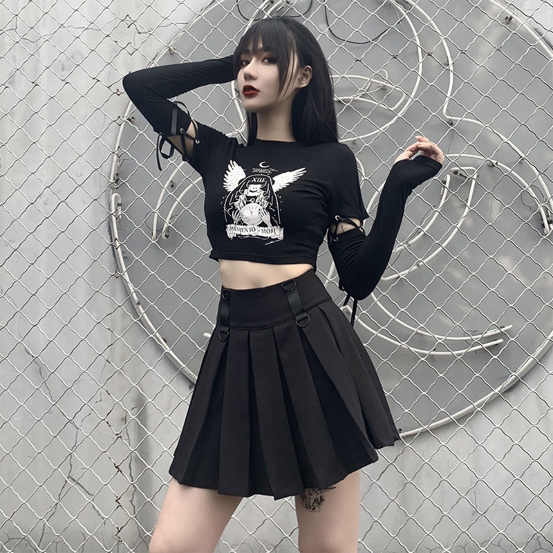 Brroa Áo Thun Crop Top Tay Dài Dáng Ôm In Hình Cánh Thiên Thần Phối Dây Buộc Phong Cách Harajuku Goth Dành Cho Bạn Nữ
