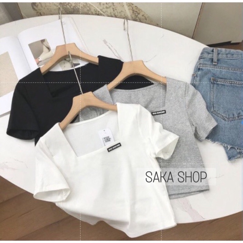 Áo croptop nữ thun trơn màu thêu logo nổi vải thun bozip lụa